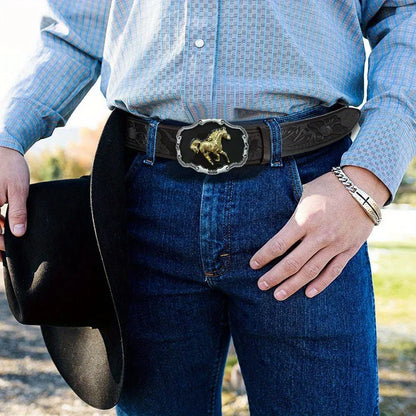 Western men's denim belt, retro belt, wild horse buckle, hip-hop personality, retro style, unisex matching with jeans/casual pan
