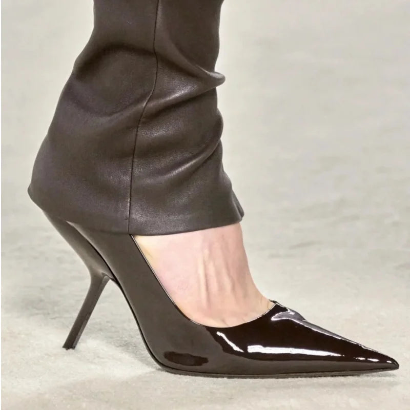 2025 New Style Women's High Heels Shoes Patent leather Pointed Toe Solid Color Night Club Party Shoes Femme Summer Half Slippers