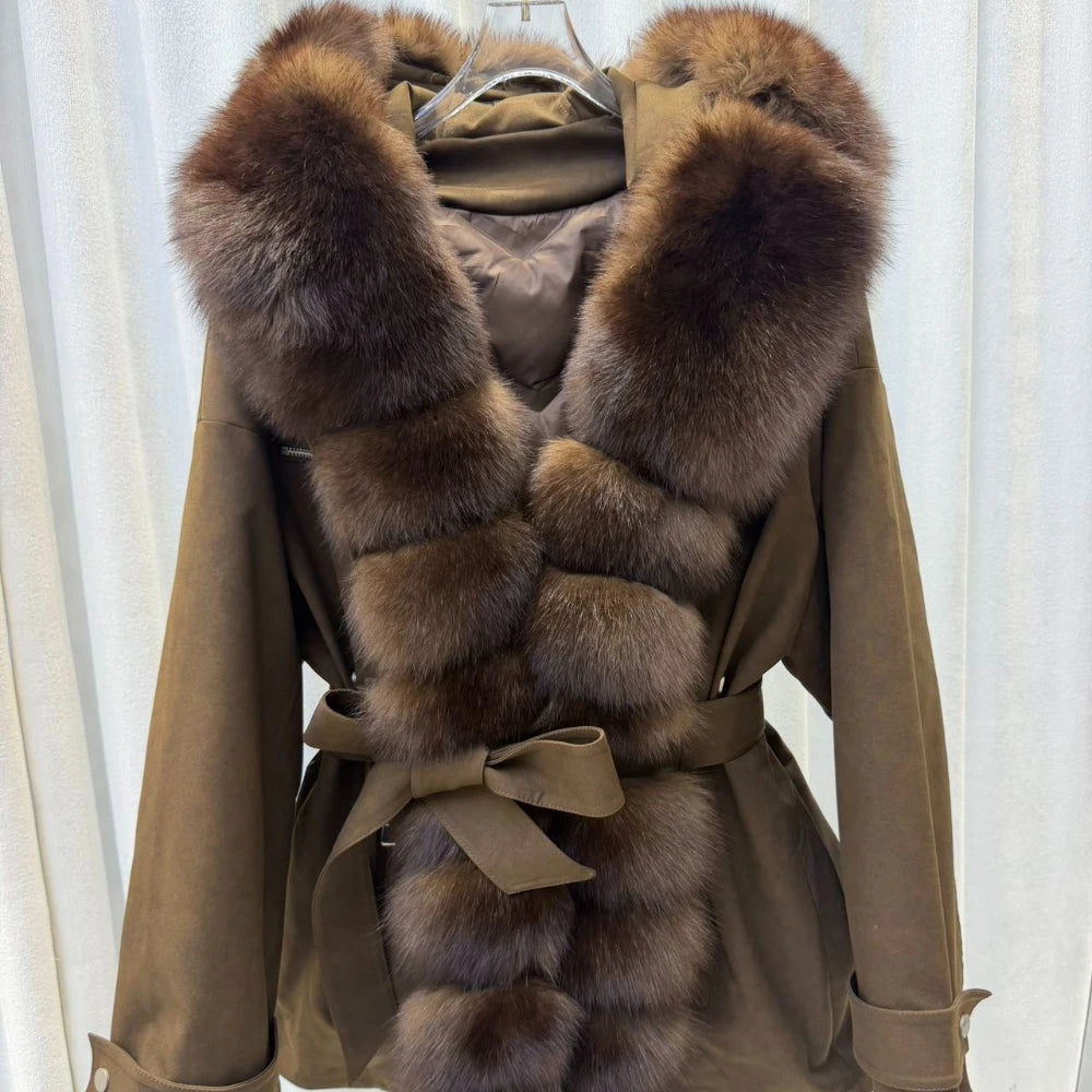 CXFS Luxury Real Fox Fur Hooded White Duck Down Jacket Women Suede Slim Parkas Winter Warm Thick Belted Elegant Fashion Coat