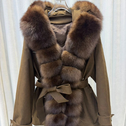 CXFS Luxury Real Fox Fur Hooded White Duck Down Jacket Women Suede Slim Parkas Winter Warm Thick Belted Elegant Fashion Coat