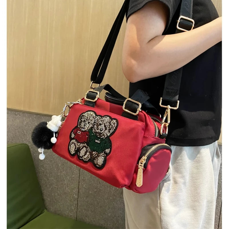 2025 New Fashion Women Handbag Summer Multi Pocket Shoulder Bag Waterproof Oxford Rhinestone Bear Sac