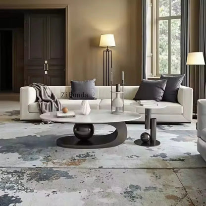 Gold oval coffee table set, sintered stone and marble living room furniture coffee table - Kimlud