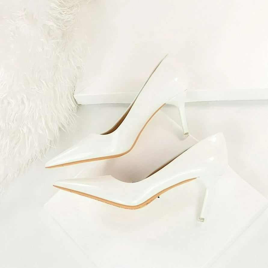 Fashion Women's High Heels Shallow Pumps Simple Office Shoes Pointed Toe Ladies Wedding Shoes Sexy Painted Leather Women Shoes