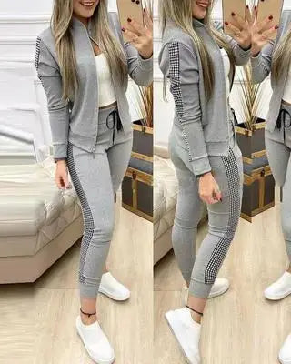 Autumn Winter Women's Sports Zipper Plaid Tracksuits Elegant Retro Jacket Coat And Drawstring Pants Two Piece Set Women...