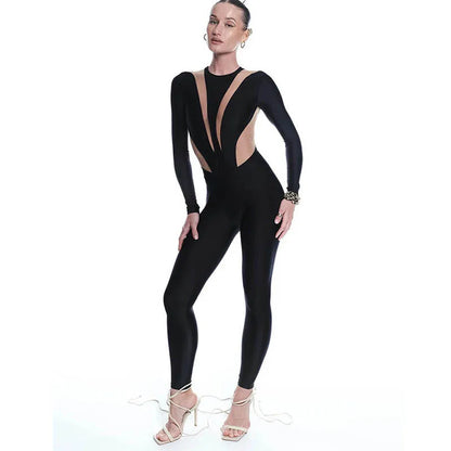 Sexy Mesh Hollow Patchwork Jumpsuit Long Sleeves Game Cosplay Bodysuit Women Performance Dance Costume Party Outfit