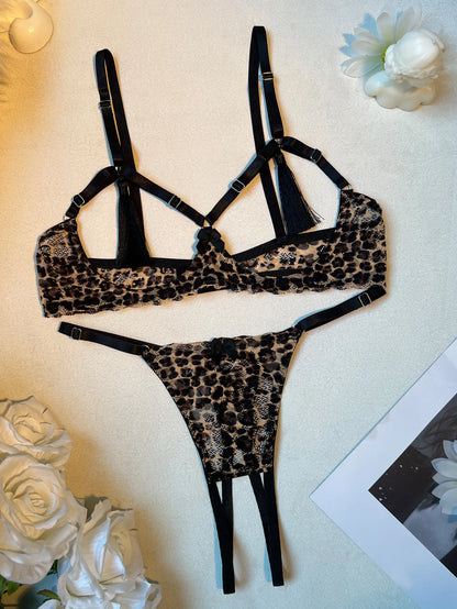 Ellolace Leopard Lingeries Sexy Hot Tempted Bra Thong 2PC Set Wildness Tassels Decor Intimate Hollow Breast Open Crotch Kit