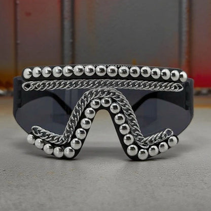 Punk Style One-piece Large Frame Sunglasses with Metal Chain Stud Women and Men Treny Exaggertated Unique Sun Glasses...