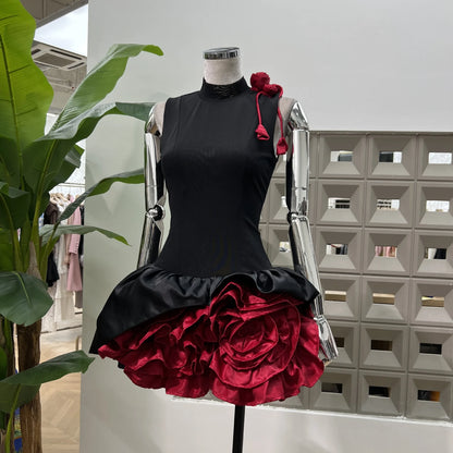 Women's Sweet Round Neck Sleeveless Slim Waist Short Mini Dress French Retro 3D Rose Birthday Dress Spicy Girl Floral Bud Dress