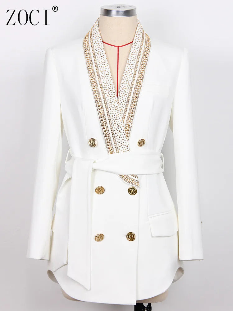 ZOCI Fashion Women's BlazerFashion New Hot Metal Belt Green Fruit Collar Medium Long Quality Women's Suit Jacket 2025 Spring New