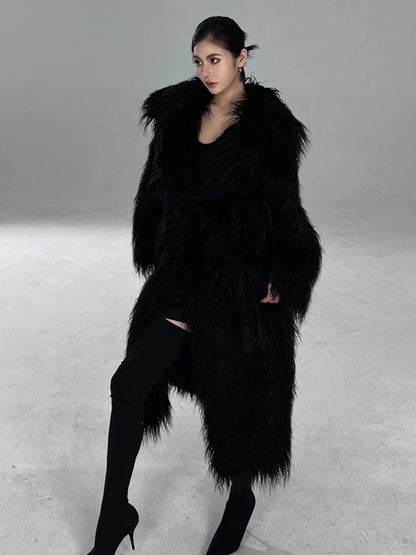 Lautaro Winter Long Black Hairy Shaggy Thick Warm Soft Fluffy Faux Fur Coat Women Sashes Luxury Designer Overcoat Runway Fashion