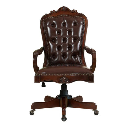 12American Genuine Leather Retro Carved Solid Wood Swivel Chair Office Chair Lift | Kimlud Vintage Luxury Home