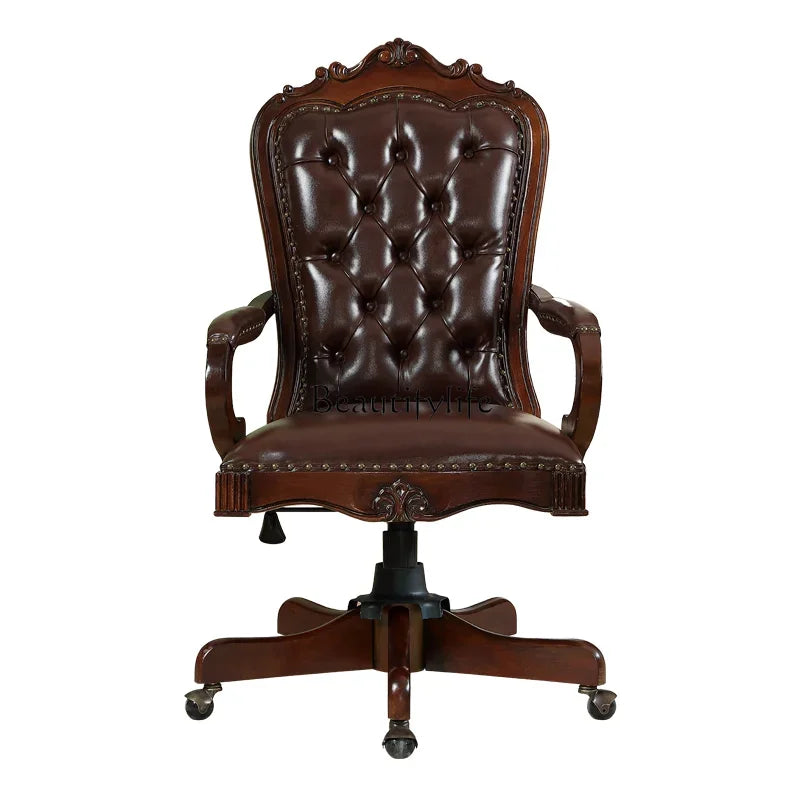 12American Genuine Leather Retro Carved Solid Wood Swivel Chair Office Chair Lift | Kimlud Vintage Luxury Home