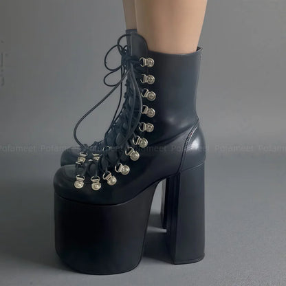 Women Sexy Ankle Boots Platform Shoes Chunky Heel Short Boots Round Toe Metal Buckle Decor Zipper Punk Style Dance Boots