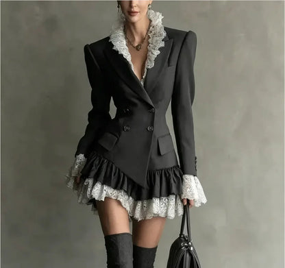 Autumn Lapel Double‑Breasted Lace Ruffle Mini Dresses Women Fashion Long Sleeve Short Dress Elegant Ladies Party...