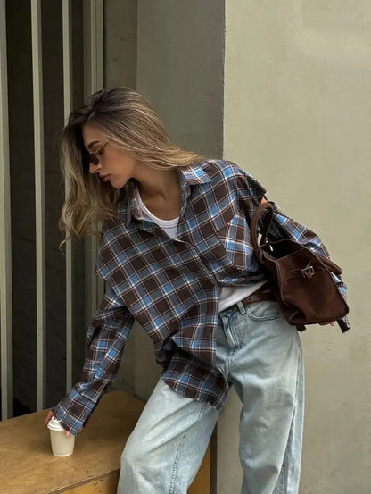 Fashion Checkered Pattern Shirt Women Elegant Lapel Long Sleeve Single Breasted Pocket Loose Tops 2026 New Chic Outerwear Shirt
