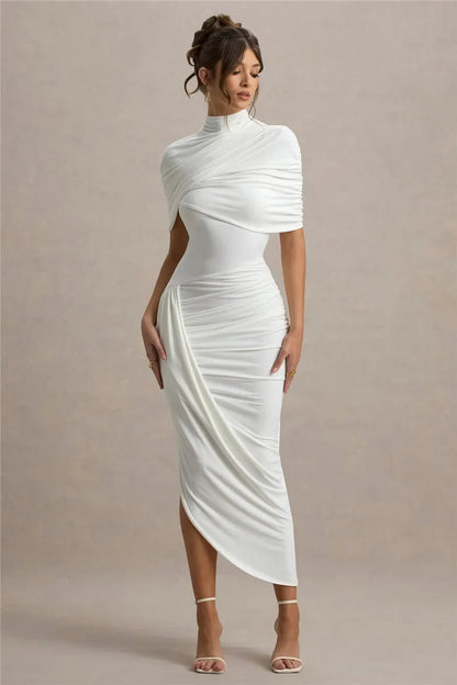 Half Sleeve Backless Ruched Sexy Maxi Dress Women Summer New Turtleneck Slim High Waist Evening Club Party Long Dress