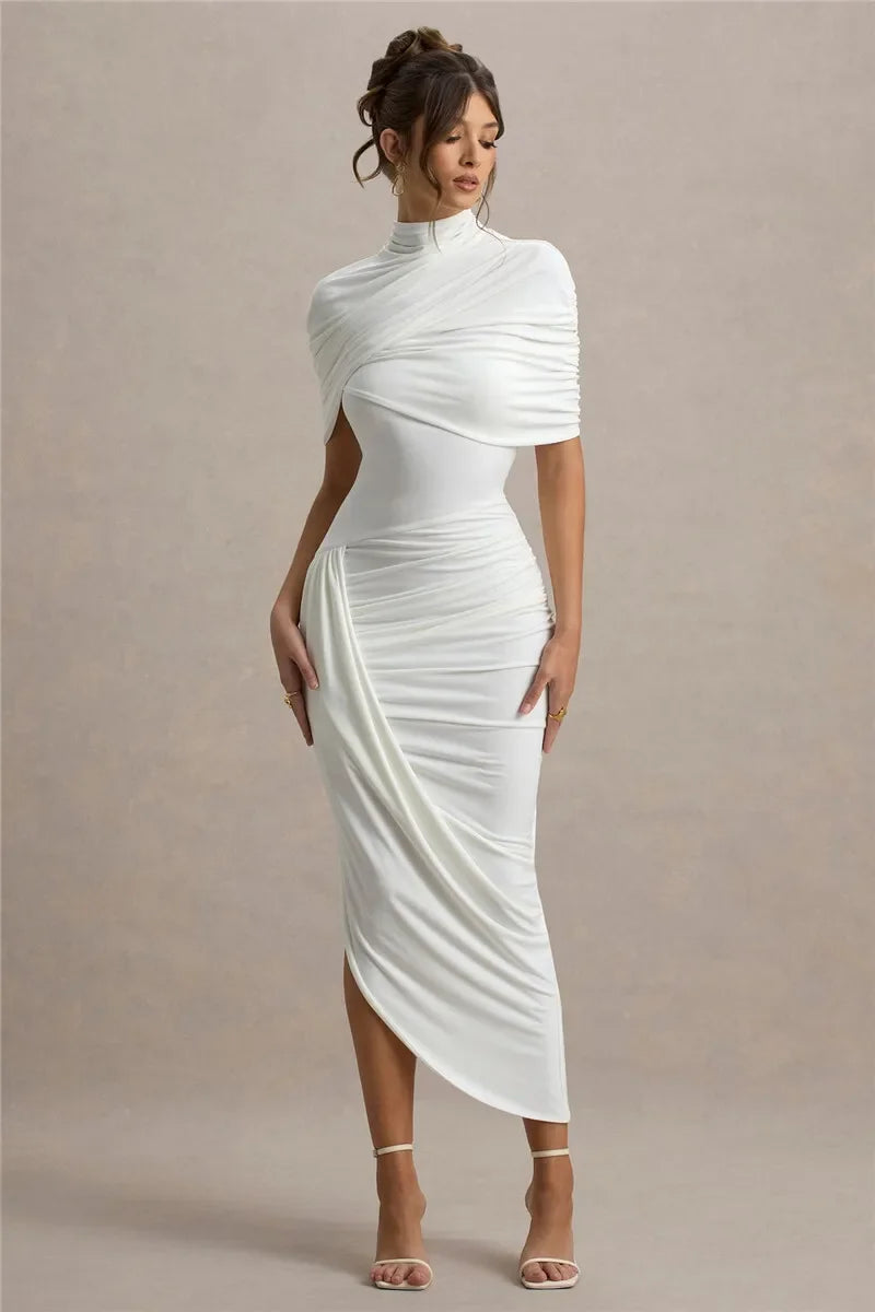 Half Sleeve Backless Ruched Sexy Maxi Dress Women Summer New Turtleneck Slim High Waist Evening Club Party Long Dress