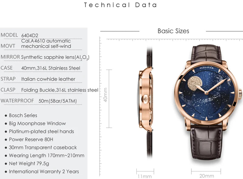 AGELOCER Original Astronomer Watch Men's Business Luxury Gold Watch Automatic Mechanical Moon Phase Watch Birthday Gift for Men