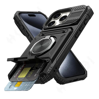 Case For iPhone 16 15 14 13 12 11 Pro Max XS XR 8 7 Plus Magnetic Rotated Ring Kickstand Heavy Duty Drop Protection Wallet Cover - Kimlud
