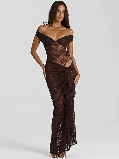 Mozision Lace See Through Sexy Two Piece Set Women Elegant Off-shoulder Backless Bodysuit And Maxi Skirt Matching Club Dress Set