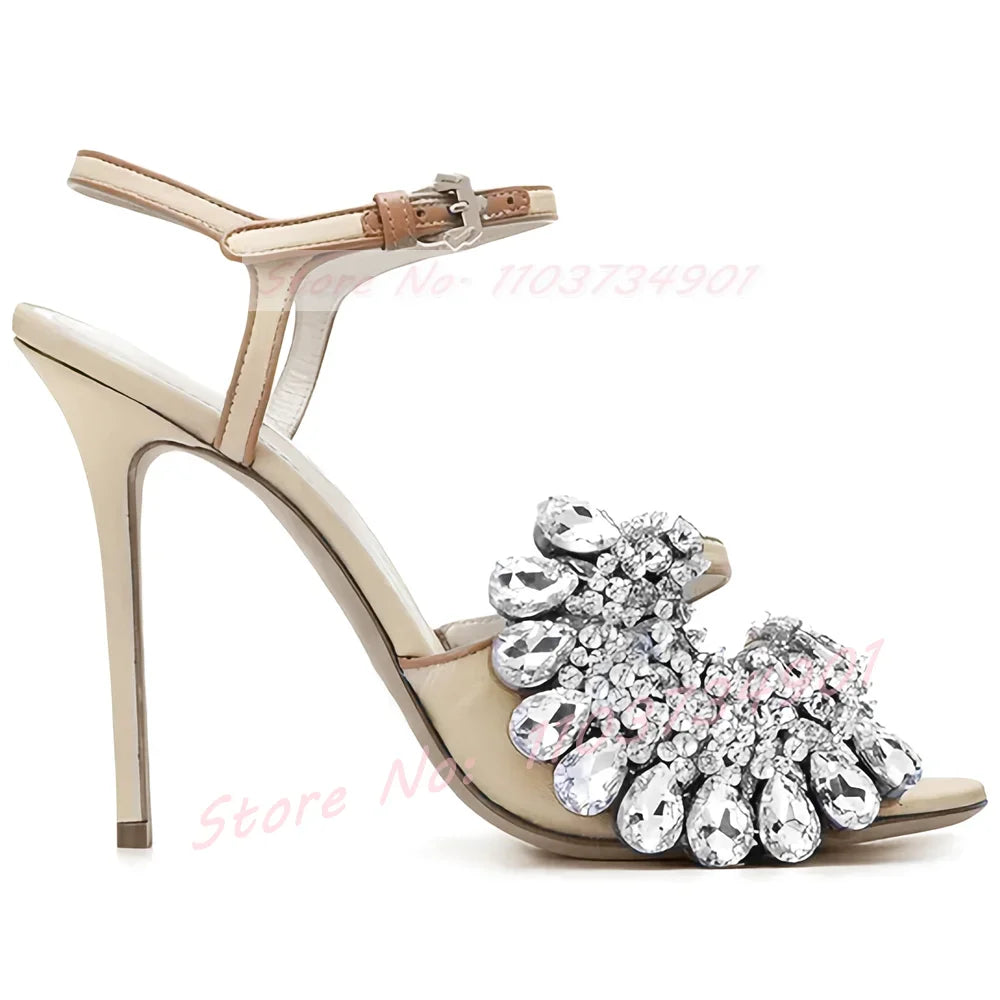 Open Toe Crystals Flower Sandals Women Wedding Luxury Ankle Strap Round Toe Stiletto High Heels Shoes Lady Party Summer Sandals