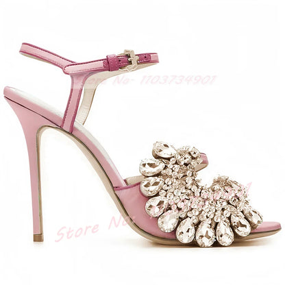 Open Toe Crystals Flower Sandals Women Wedding Luxury Ankle Strap Round Toe Stiletto High Heels Shoes Lady Party Summer Sandals
