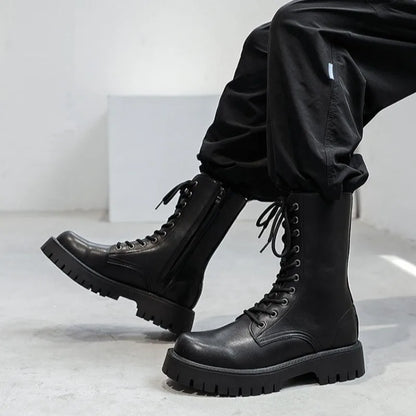 2025New Men's High-top Boots Punk Style Motorcycle Boots Classic Black Casual Leather Boot Lace Up Mid-Calf Platform Boots Botas
