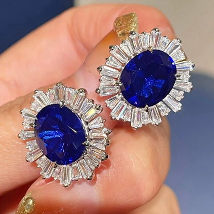 Wong Rain Luxury 925 Sterling Silver Oval Cut Sapphire High Carbon Diamond Gemstone Women Earrings Ear Studs Fine...