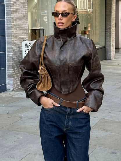 Nibber Hottie Crop Jacket Women Turtleneck Pu Irregular Zip Button Full Sleeve Wild Sexy Street Midnight Autumn Hipster...