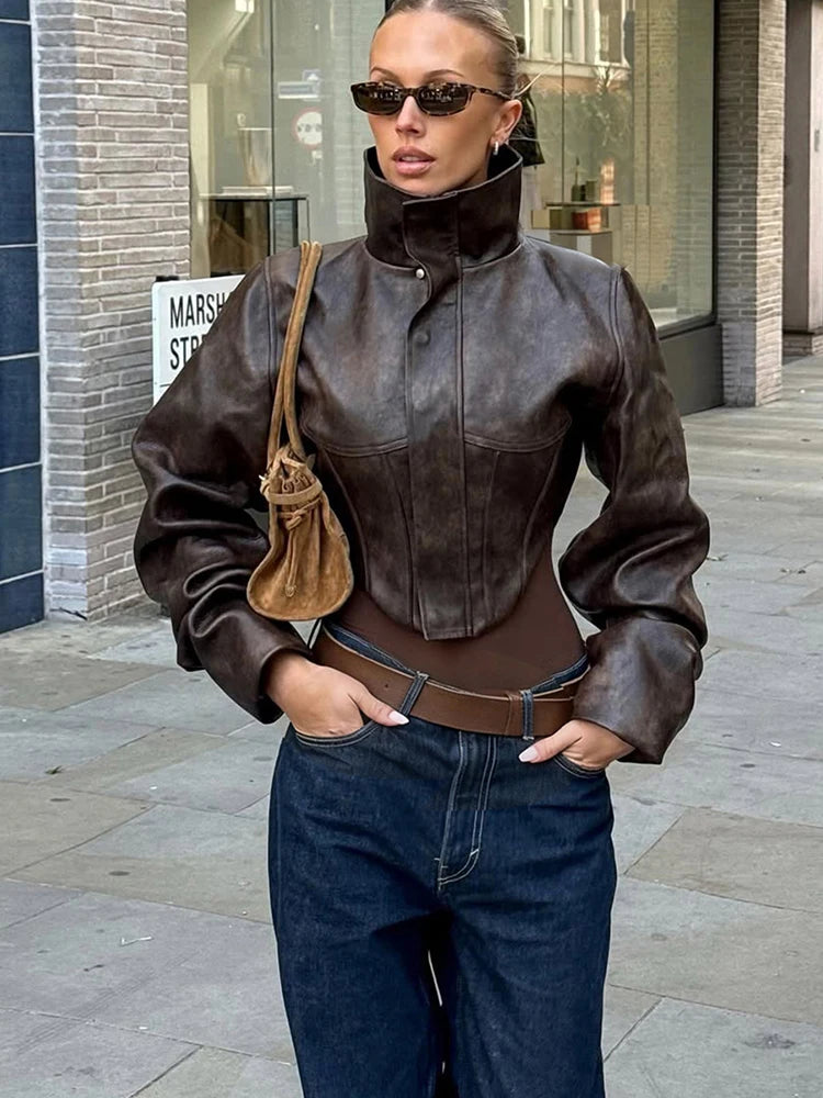 Nibber Hottie Crop Jacket Women Turtleneck Pu Irregular Zip Button Full Sleeve Wild Sexy Street Midnight Autumn Hipster...