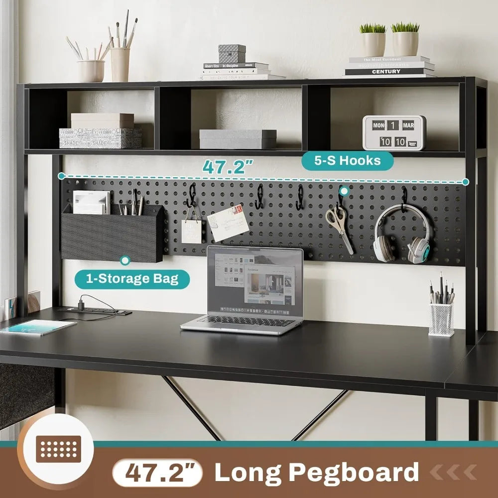 L Shaped Gaming Desk with Power Outlet LED Lights Keyboard Tray Pegboard Storage Bag Reversible Computer Desk for Home Office