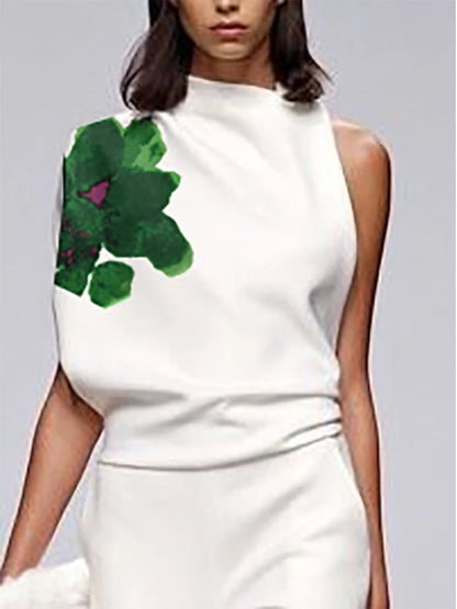 Yeezzi Women Floral Printed 2 Piece Sets High Neck One-shoulder Asymmetric Vest Tops & High Waisted Straight Leg Pants 2025 New - Kimlud