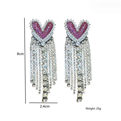 Fashion Long Tassel Rhinestone Drop Earrings for Women Pink  Heart Crystal Dangle Earrings Statement Jewelry