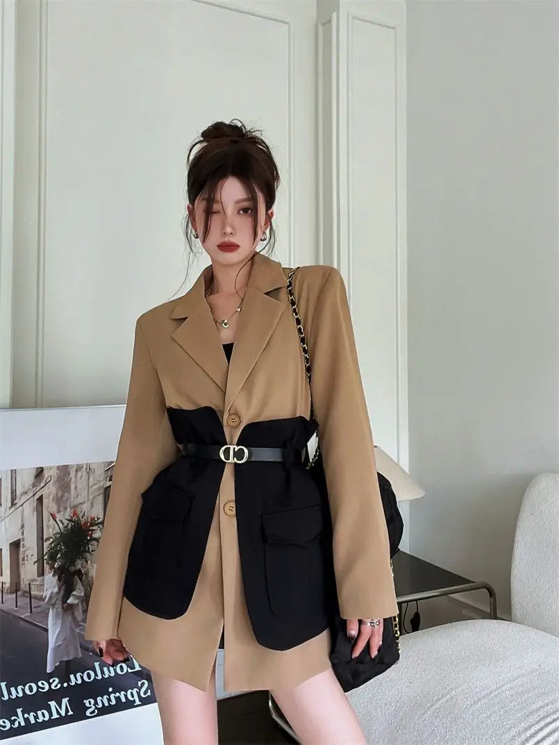 Original Design Blazer Women Fashion New Loose Spliced Pocket Korean Shrug Notched Single Breasted Blazer Mujer Femal with Belt