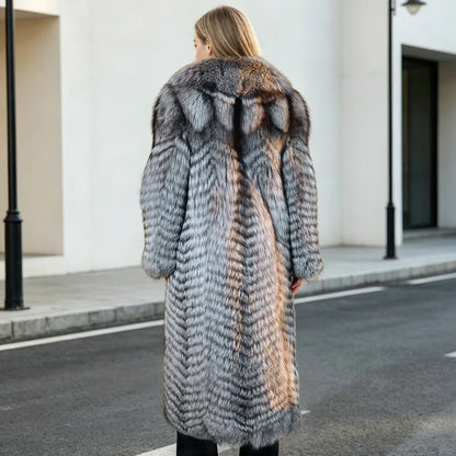 Genuine Silver Fox Fur Coats Long Real Fur Jackets With English Collar Women's Leather Fur Coats Fashion Natural Fur...