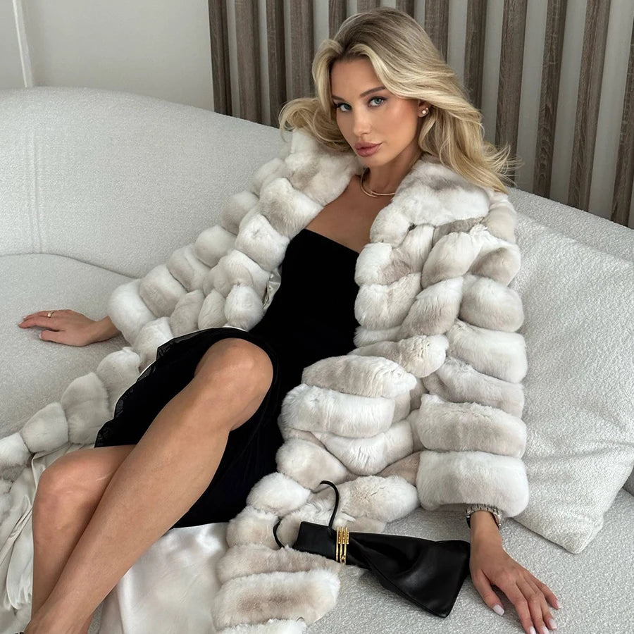 New Natural Rabbit Fur Coats Women Long Real Rex Rabbit Fur Jacket Winter Warm Fur Coat Best Selling Women