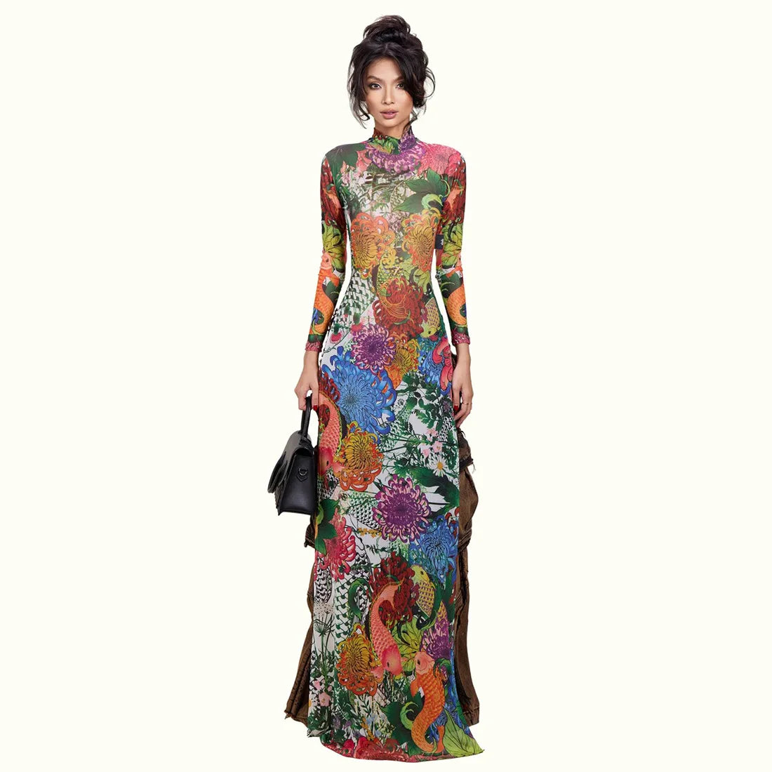 Spring New Women's Long Sve High Collar Plant Print Maxi Top Faionable Individuatic f High Ne Long Open Split Top