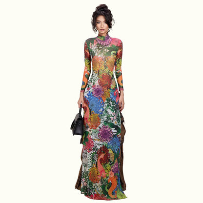 Spring New Women's Long Sve High Collar Plant Print Maxi Top Faionable Individuatic f High Ne Long Open Split Top
