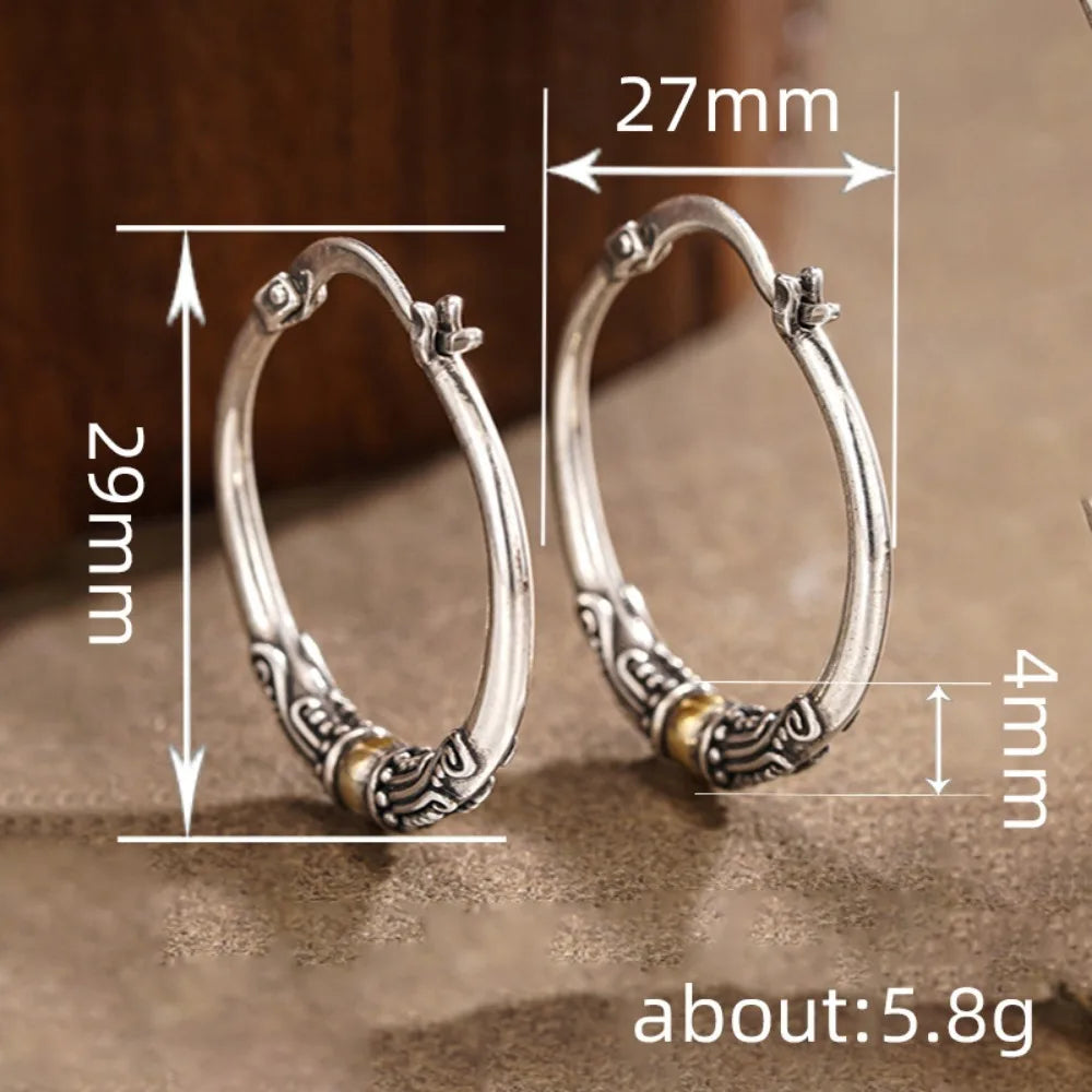 New Creative Retro Ethnic Pattern Double Color Stainless Steel Hoop Earrings for Women Trendy Personality Daily Wear Jewelry