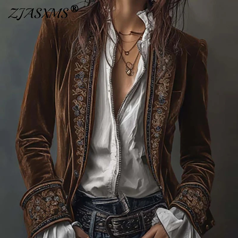 Ethnic Retro Floral Print Velvet Woman Blazer Jacket Sexy Notched Collar Slim Autumn Outerwear Long Sleeve Winter Cardigans Coat