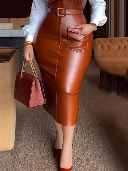 Women's Faux Leather PU Patchwork Midi Dress with Turn down Collar Long Sleeve Bodycon Office Dress Elegant Autumn 2025