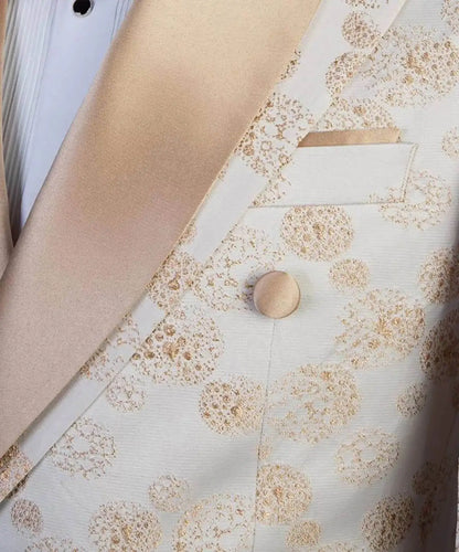 Floral Jacquard Mens Wedding Tuxedos Slim Fit Champagne Peaked Lapel Double Breasted Jacket Pants 2 Pieces