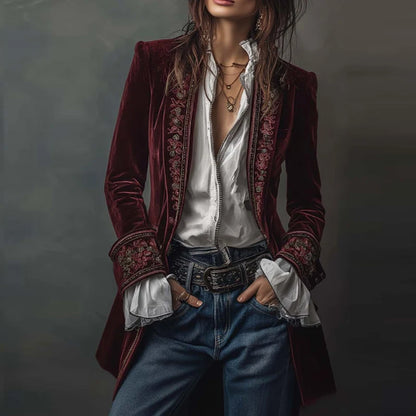 Ethnic Retro Floral Print Velvet Woman Blazer Jacket Sexy Notched Collar Slim Autumn Outerwear Long Sleeve Winter Cardigans Coat