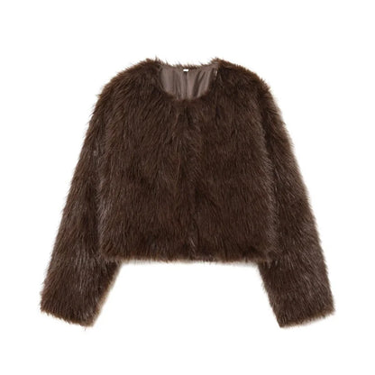 Faux fur jacket 2025 Fall/Winter New Fashion Women's Faux Fur Effect Round Neck Long Sleeve Short Jacket