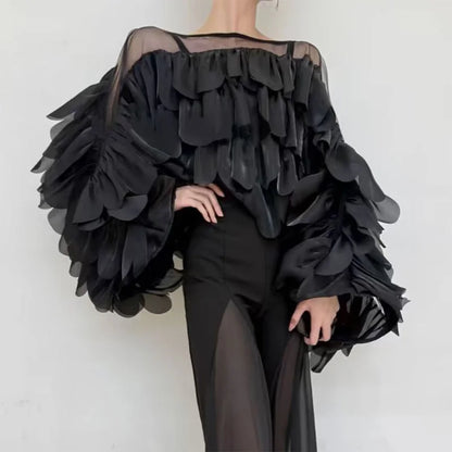 Women Blouse Light Luxury Summer Shirt For Lady Round Neck Full Sleeves Spliced Flounced Edge Mesh Irregular Hem Loose Tops Tide