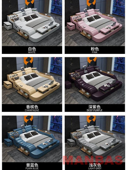 Modern Tech Smart Bed, King/Queen Size Genuine Leather Bed with Projector,USB, Speaker, Luxury Multifunction Bed, All In...