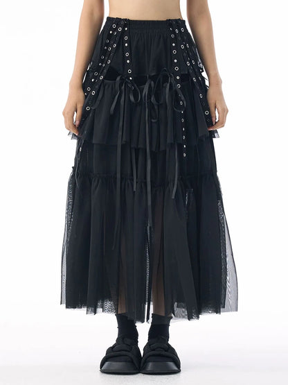 [EAM] High Elastic Waist Coffee Mesh Perspective Ribbon Strap Half-body Skirt Women Fashion Tide New Spring Autumn 2026 1DJ5044