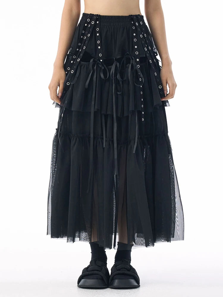 [EAM] High Elastic Waist Coffee Mesh Perspective Ribbon Strap Half-body Skirt Women Fashion Tide New Spring Autumn 2026 1DJ5044