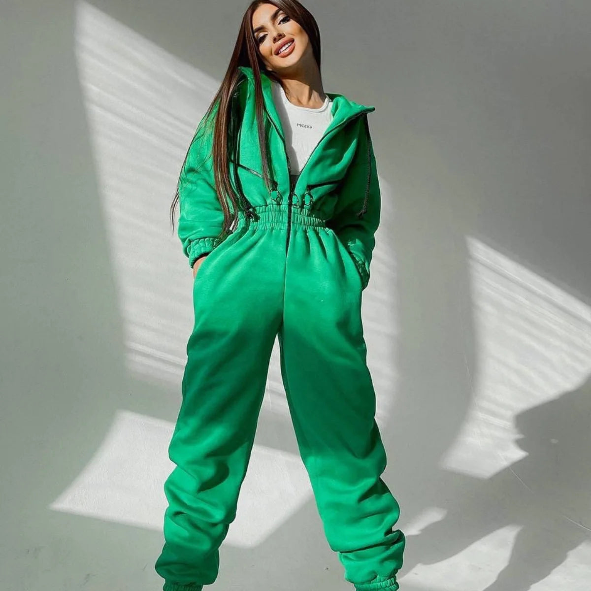 Sports and leisure women's jumpsuit ins hooded jumpsuit - Kimlud