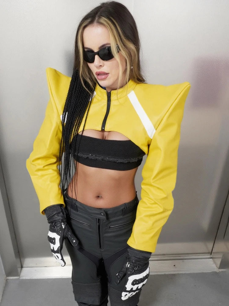 Sisterlinda Leather Zipper Jacket Women Patchwork Shoulder Pads Long Sleeve Sexy Midnight Moto Style Street Hipster Crop Coat